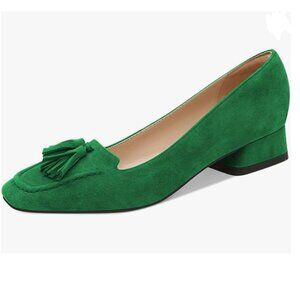 YDN Green Block Low Heel Loafers Square Toe Tassel Fringed Pumps Slip On Shoe